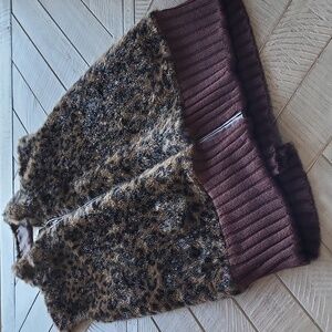 Ms Lee Faux Fur Vest Leopard Print Chocolate Brown Black Size M Ribbed Knit Y2K